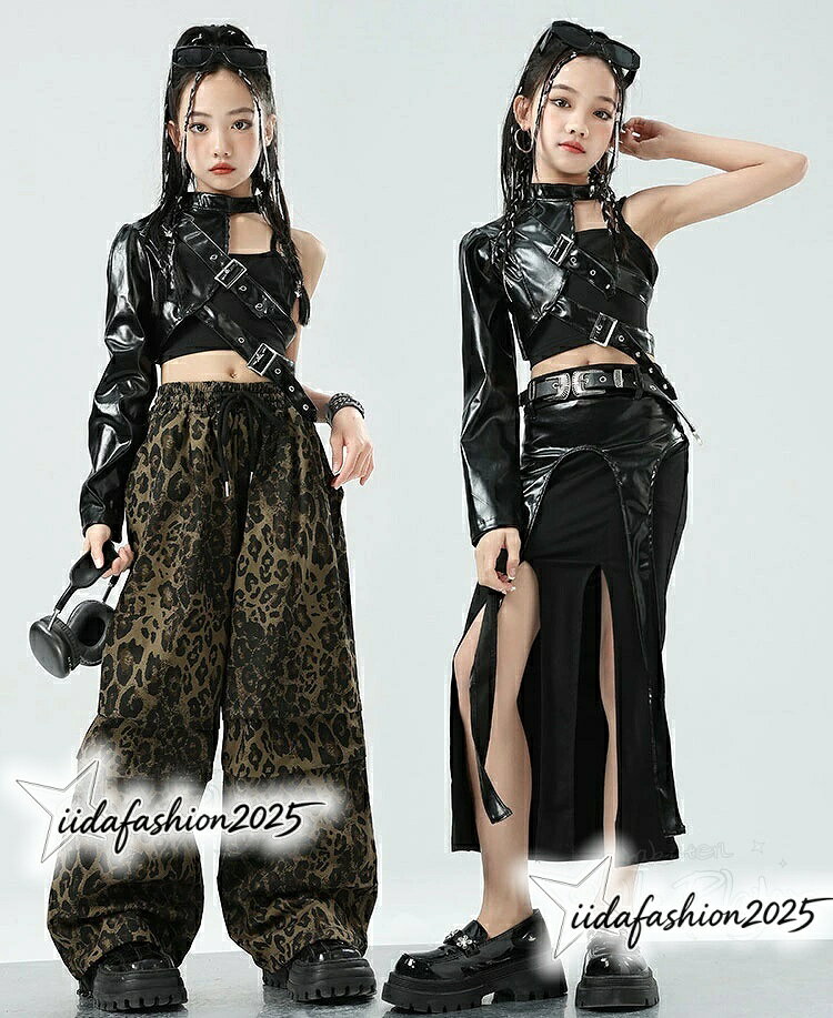 ANELABO STOREの【最大300円OFFクーポン 数量限定】 k-pop 衣装 レザー 片袖 ヒョウ柄 パンツ キッズダンス衣装 セットアップ 女の子 へそ出し タンクトップ 黒 スカート｜アングル2