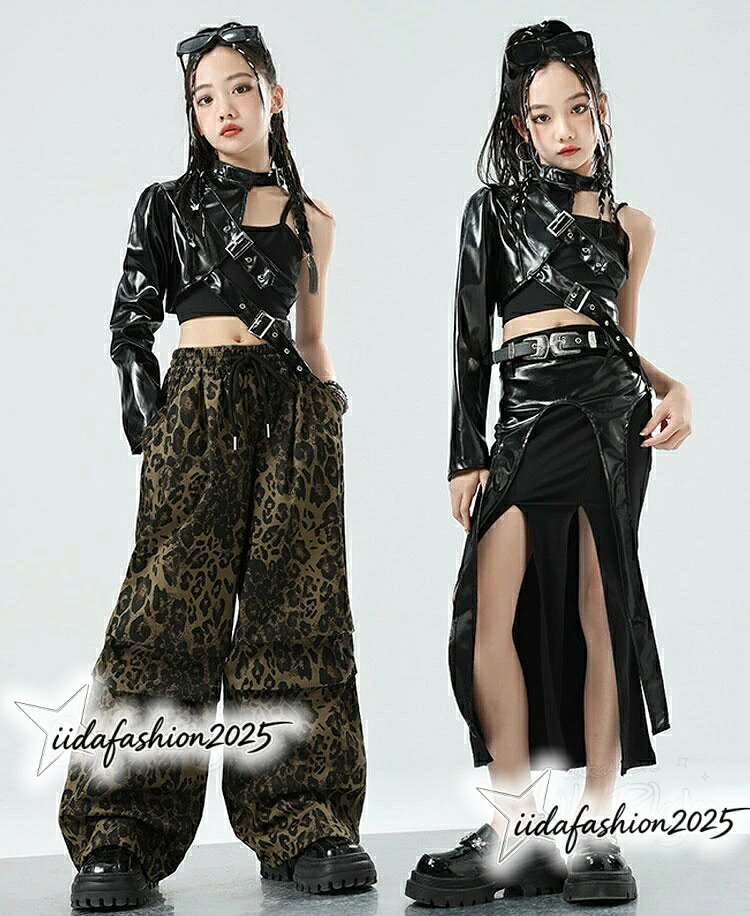 ANELABO STOREの【最大300円OFFクーポン 数量限定】 k-pop 衣装 レザー 片袖 ヒョウ柄 パンツ キッズダンス衣装 セットアップ 女の子 へそ出し タンクトップ 黒 スカート｜アングル3