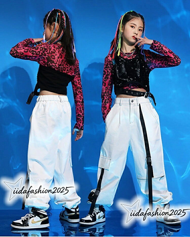 ANELABO STOREの【最大300円OFFクーポン 数量限定】 k-pop 衣装 ヒョウ柄トップス キッズ ダンス衣装 セットアップ 長袖 へそ出しトップス スパンコール タンクトップ 白 ロングパンツ ゆっ｜アングル2