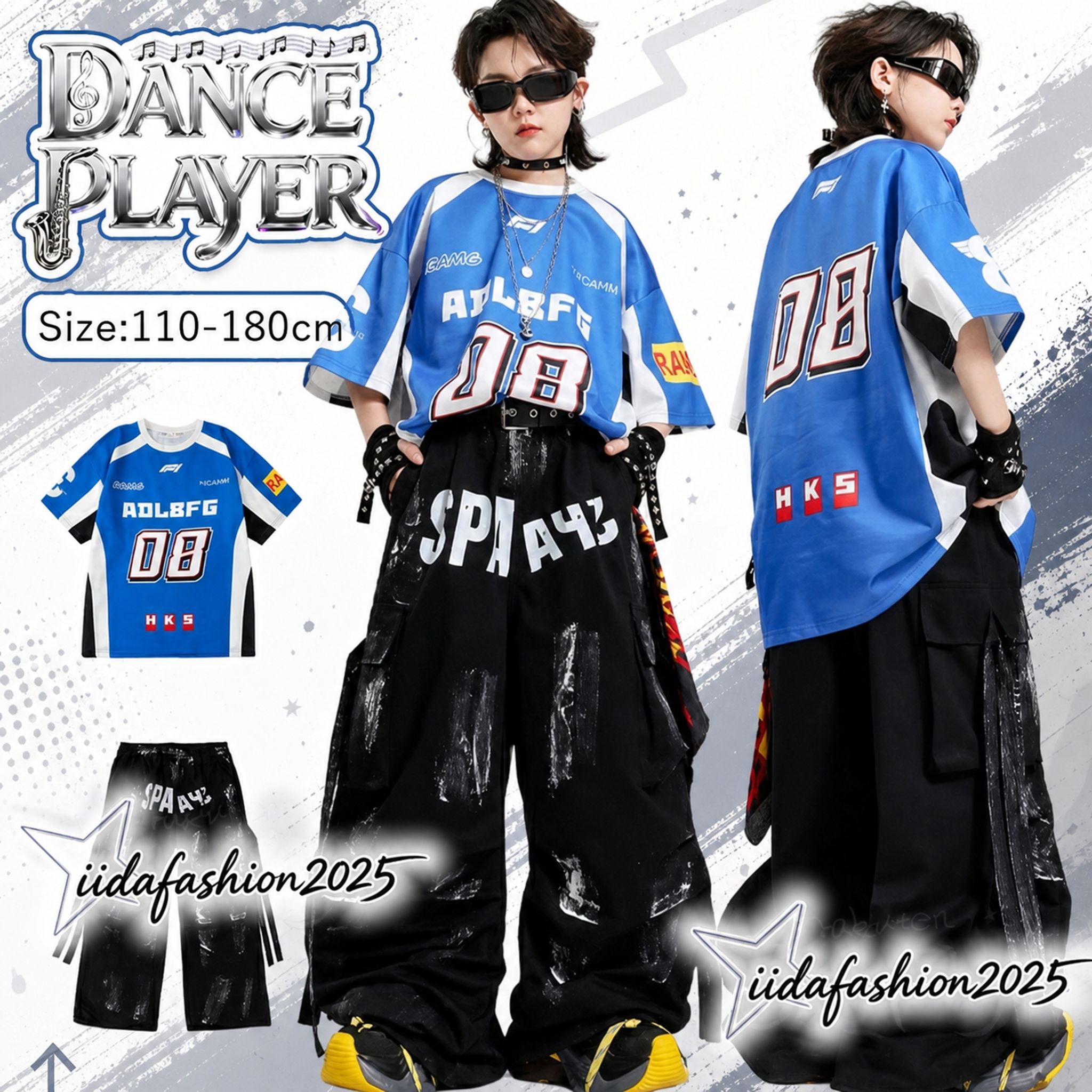 【最大300円OFFクーポン 数量限定】 キッズ ダンス衣装 ヒップホップ セットアップ ブルー 半袖 トップス 運動風 tシャツ ロングパンツ カーゴパンツ ゆったり 男の子 女の