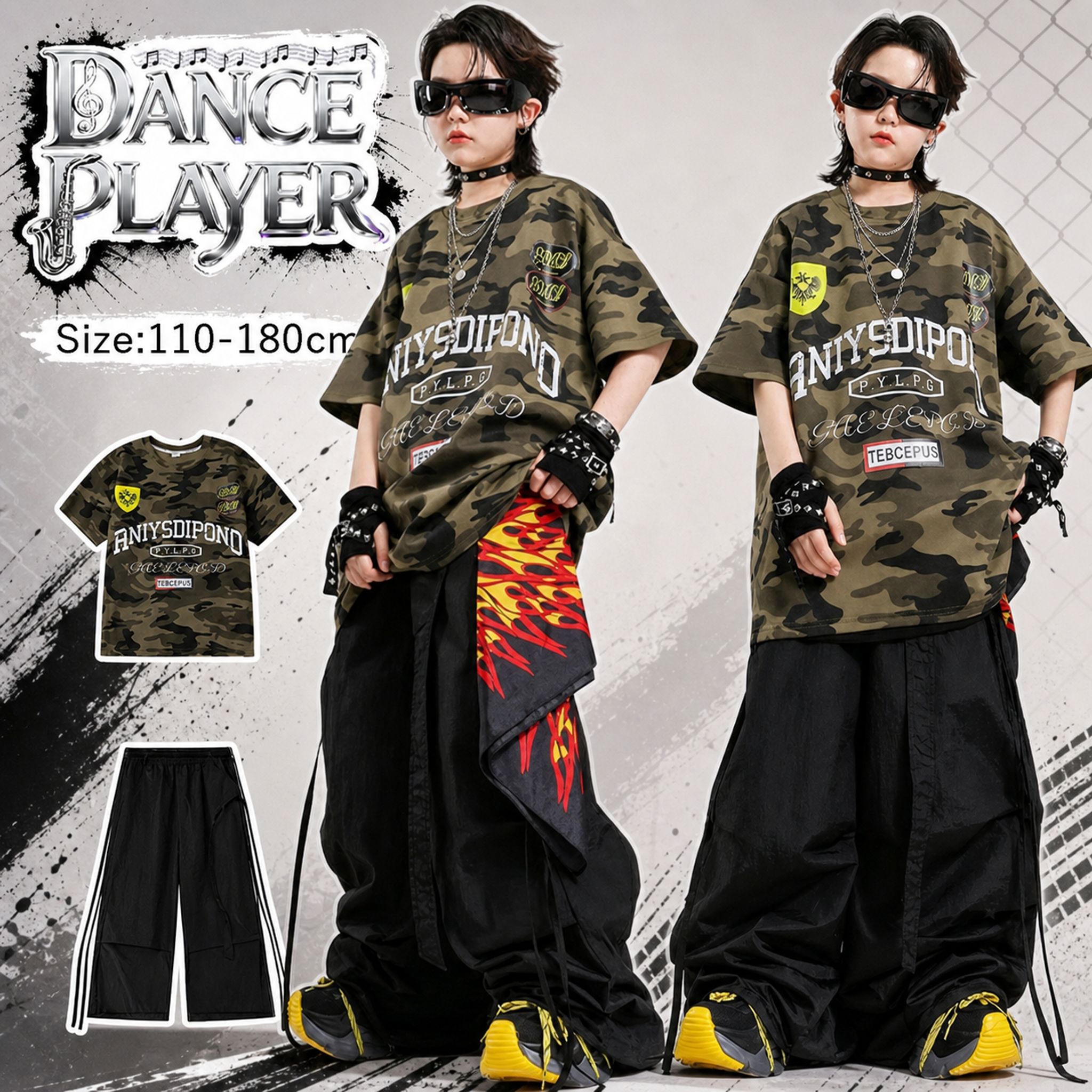 【最大300円OFFクーポン 数量限定】 迷彩 トップス キッズ ダンス衣装 セットアップ 半袖 tシャツ ブラック カーゴパンツ ゆったり ロングパンツ 男の子 女の子