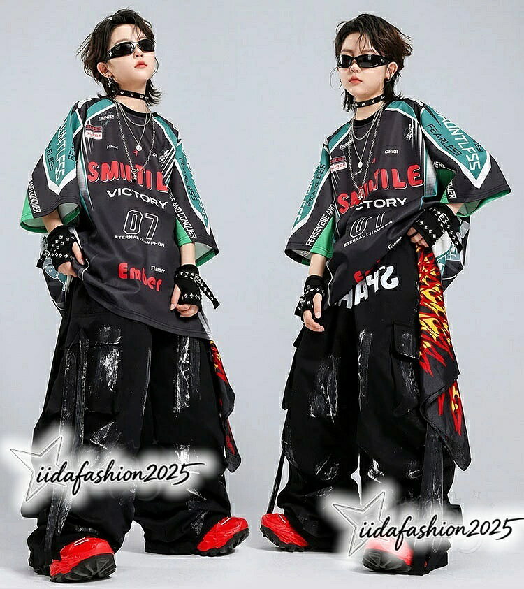 ANELABO STOREの【最大300円OFFクーポン 数量限定】 黒 カーゴパンツ キッズ ダンス衣装 セットアップ ブラック 半袖 ジャージ風 tシャツ ロング 男の子 女の子 ゆっ｜アングル3