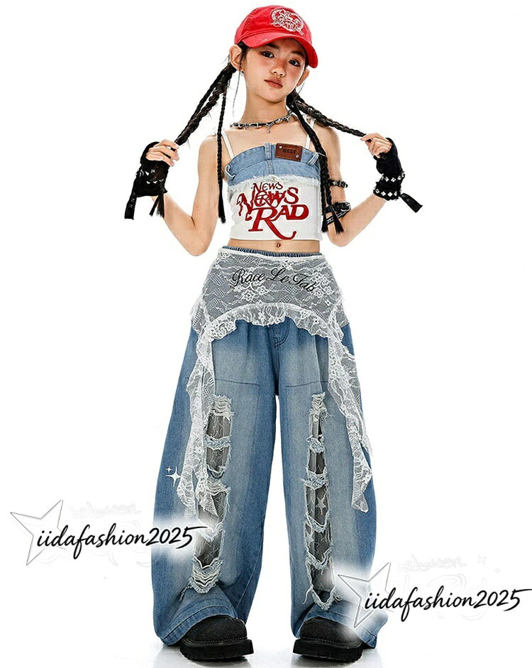ANELABO STOREの【最大300円OFFクーポン 数量限定】 k-pop 衣装 ダメージパンツ キッズダンス衣装 セットアップ へそ出し タンクトップ キャミソール デニム ロングパンツ ワイドパンツ ゆ｜アングル3