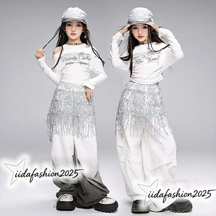 ANELABO STOREの【最大300円OFFクーポン 数量限定】 k-pop 衣装 白トップス キッズ ダンス衣装 セットアップ 女の子 長袖 へそ出し tシャツ 白 ロングパンツ ワイドパンツ フリンジ シルバ｜アングル2