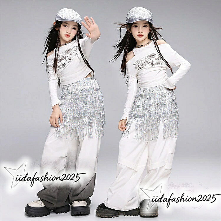 ANELABO STOREの【最大300円OFFクーポン 数量限定】 k-pop 衣装 白トップス キッズ ダンス衣装 セットアップ 女の子 長袖 へそ出し tシャツ 白 ロングパンツ ワイドパンツ フリンジ シルバ｜アングル3