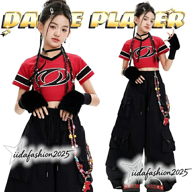 【期間限定★最大300円OFFクーポン】 赤黒 k-pop衣装 女の子 キッズ ダンス衣装 セットアップ レッド へそ出し tシャツ 半袖 トップス ブラック カーゴパンツ ワイドパンツ