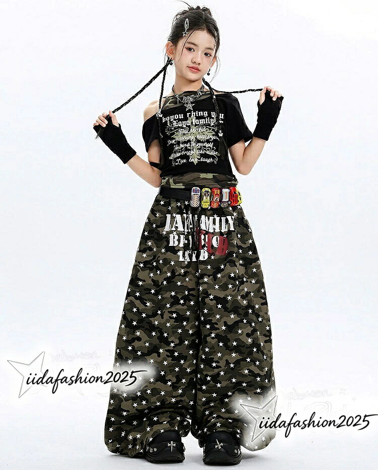ANELABO STOREの【最大300円OFFクーポン 数量限定】 k-pop衣装 迷彩 ワイドパンツ キッズ ダンス衣装 セットアップ 女の子 黒 へそ出し トップス 星柄 迷彩パンツ ロング ゆた｜アングル2