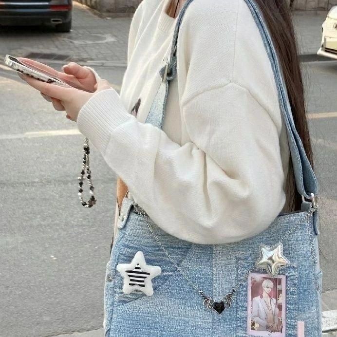 痛バッグ 痛バ レディース ショルダーバッグ デニム デニムバッグ クリアバッグ 缶バッチ 推し活バッグ 透明バッグ 見せバッグ ビニール(4)