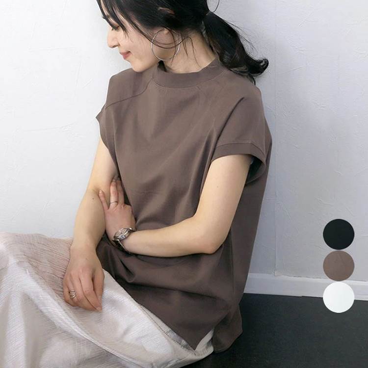 トップス レディース カットソー プルオーバー 送料無料 個性的 半袖 モックネック 無地 白 黒 茶 M L 可愛い きれいめ 上品 おしゃれ かっこいい カジュアル シンプル ナチュラル 春 夏 秋 お出かけ デート 普段使い 着まわし 重ね着