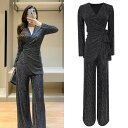 セットアップ レディース トップス パンツ ツーピース 上下セット ストライプ 柄 M L XL シルバー 春 秋 大人カラー カットソー Vネック 長袖 ウエ...