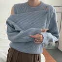 トップス ニット レディース セーター 送料無料 個性的 長袖 ラウンドネック オープンショルダー リブ 水色 オレンジ 紺 無地 フリーサイズ 秋 冬 変形デザイン ボリューム袖 ショート丈 カジュアル シンプル おしゃれ 普段使い 着回し(4)