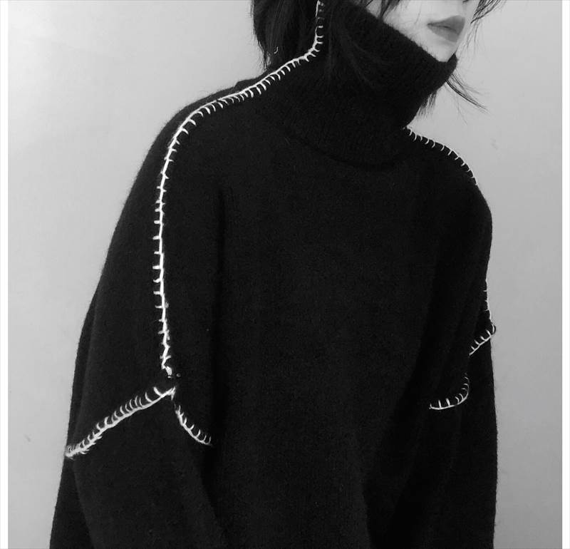Turtleneck - トップス レディース セーター ニット 送料無料 個性的 ロング丈 袖あり ドロップショルダー 長袖 タートルネック 刺繍 ステッチ 黒 オーバーサイズ 体型カバー シンプル カジュアル おしゃれ かっこいい こなれ感 ラフ クール ルーズ