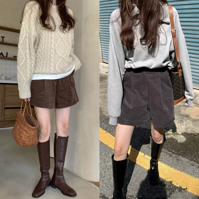 ショートパンツ レディース ボトムス パンツ M L ブラウン 茶色 ブラック 黒 大人カラー 秋カラー コーデュロイ 無地 タック ミニ丈 ショート丈 ワイド ハイウエスト 脚長 美脚 スタイルアップ 着やせ レトロ 個性的 送料無料