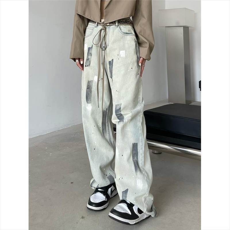 ボトムス レディース ジーンズ デニム Gパン ストレート ペイント ユーズド風 レトロブルー カジュアル おしゃれ かっこいい こなれ感 ラフ クール モード系 主役級 存在感 抜け感 S M L XL ゆる ゆったり 春 夏 秋 冬 個性的 送料無料のサムネイル