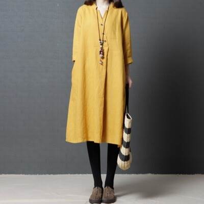 ワンピース レディース シャツ ブラウス 送料無料 個性的 七分袖 Vネック ひざ丈 無地 赤 緑 黄色 M L XL XXL 春 夏 秋 かわいい きれいめ 上品 おしゃれ シンプル カジュアル ナチュラル お出かけ 普段使い 着回し 重ね着 体型カバー