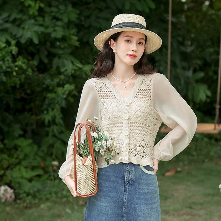 トップス レディース 二ットソー ブラウス カーディガン 送料無料 個性的 ドッキング 長袖 前開き Vネック 透け感 ベージュ 春 秋 きれいめ 上品 おしゃれ 大人可愛い シンプル ナチュラル カジュアル お出かけ 普段使い 着回し 重ね着