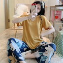 ルームウェア レディース 部屋着 パジャマ 上下セット トップス ワイドパンツ 送料無料 個性的 半袖 Vネック 無地 花柄 黄色 ピンク M L 春 夏 秋 ...