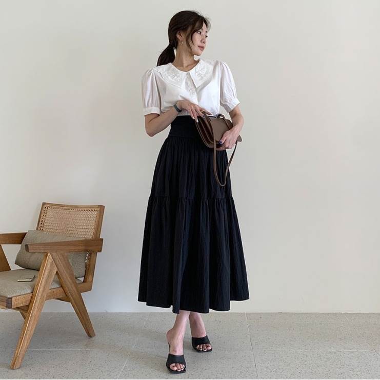 スカート ティアード レディース 送料無料 個性的 ロング丈 ギャザー 無地 黒 S M 春 夏 秋 お洒落 きれいめ 上品 カジュアル ナチュラル シンプル ガーリー 大人可愛い フェミニン 普段使い 着回し ハイウエスト Aライン 体型カバー