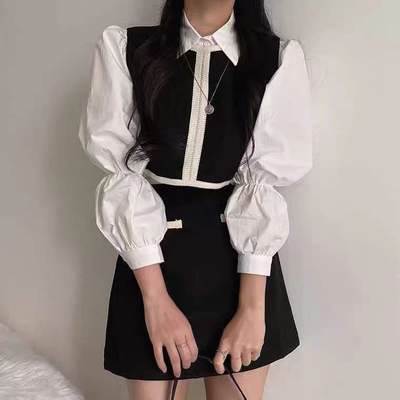 セットアップ 3点セット ブラウス スカート ビスチェ レディース 送料無料 個性的 秋 冬 黒 S M バイカラー ニット ミニスカート ミニ丈 ショート丈 無地 モノクロ パフスリーブ ボリューム袖 膝上 大人可愛い ガーリー 長袖 襟付き