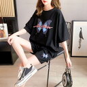 セットアップ 上下セット Tシャツ パンツ ゆったり 蝶 プリント レディース 送料無料 個性的 ラウンドネック 半袖 5分袖 ウエストゴム 大きめ М L XL 2XL 3XL 4XL オシャレ かわいい 大人可愛い ルーズ こなれ感 シンプル カジュアル