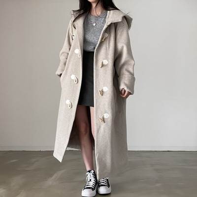 乐天商城 - アウター ダッフルコート 2色 ロング丈 フード付き レディース ゆったり 大きめ 長袖 無地 送料無料 個性的 きれいめ エレガント 灰色 黒 シンプル カジュアル 体型カバー 細見え 着痩せ 秋 冬 かわいい お洒落 ОL 通勤 デート モテ