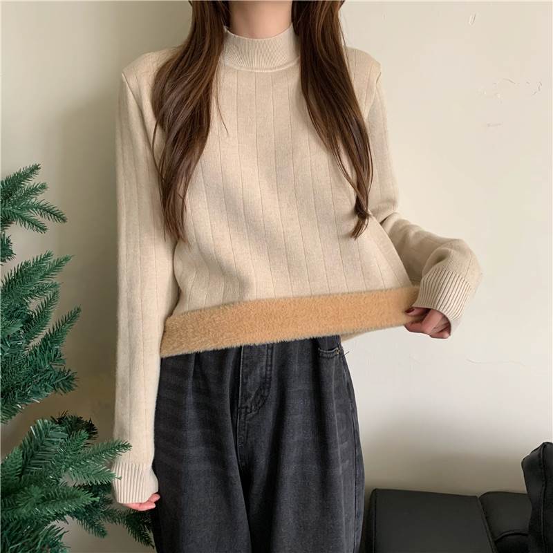 乐天商城 - トップス ニット 裏起毛 4色展開 冬 ハイネック ニットソー カットソー 長袖 レディース タイト スリム 送料無料 個性的 細身 シンプル カジュアル ラフ くすみカラー 休日 お出かけ ショッピング 公園 体型カバー 着痩せ 細見え