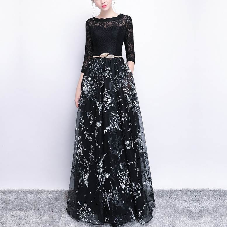 Rakuten - パーティードレス ドレス レディース ロング丈 結婚式 ワンピース 花柄 ウエディングドレス フォーマル お呼ばれ 発表会 大人 送料無料 個性的 透け感 シースルー ロングドレス 袖付き ブライズメイド 演奏会ドレス フォーマル