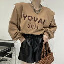 トップス トレーナー ショート丈 ロゴ パワショル 春 秋 冬 スウェト プルオーバー ラウンドネック パワーショルダー 長袖 袖コンシャス クルーネック バルーンスリーブ 送料無料 個性的 茶色 灰色 ブラウン ネイビー ベージュ グレー