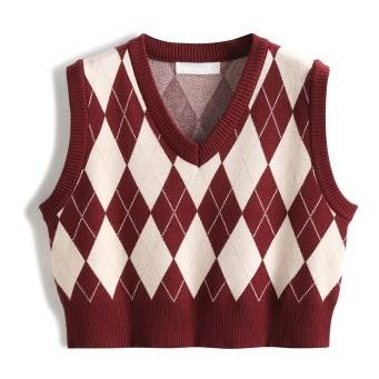 トップス ベスト ニット アーガイル 3色 レディース ショート丈 Vネック ノースリーブ オシャレ お洒落 きれいめ かわいい 大人可愛い ガーリー 10代 ...