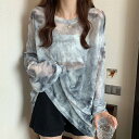 トップス Tシャツ タイダイ オーバーサイズ 透け感 シアー レディース ラウンドネック 長袖 ゆったり 大きめ シンプル カジュアル オシャレ かわいい 大人可愛い ドロップショルダー 10代 20代 30代 40代 体型カバー 個性的 送料無料(4)