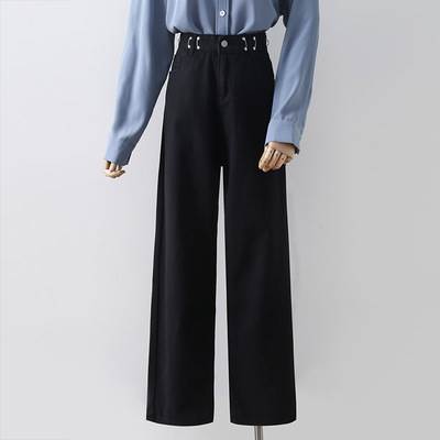 ボトムス パンツ サイズ調節 フック付き レディース 送料無料 個性的 ハイウエスト ストレート 無地 黒 白 S M L XL 春 夏 秋 冬 オールシーズン ゆったり シンプル カジュアル ラフ こなれ感 お洒落 きれいめ 美脚 脚長 着回し クール