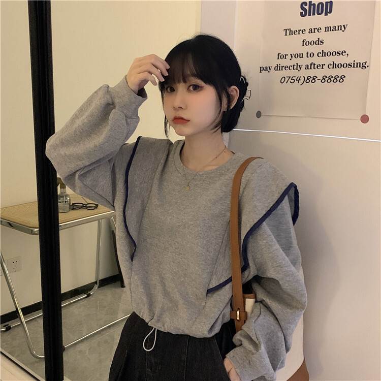 トップス レディース カットソー プルオーバー 送料無料 個性的 長袖 ラウンドネック フリル ドローリング 無地 白 グレー 春 秋 上品 きれいめ おしゃれ シンプル カジュアル クール ナチュラル 普段使い 着回し 重ね着 ルーズ 抜け感