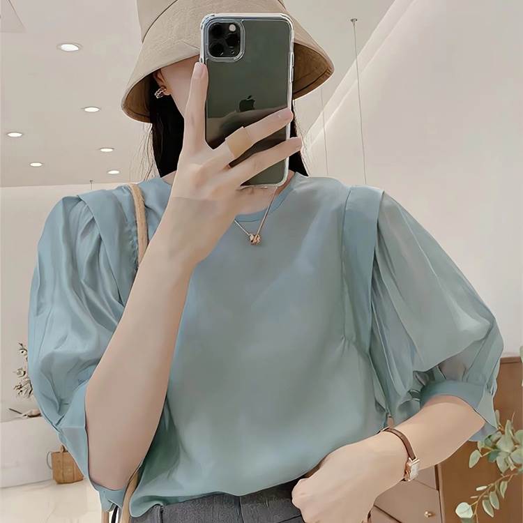Rakuten - トップス シャツ シフォンシャツ フレンチスリーブ ブルー イェロー 袖付き 5分袖 シック S M L XL かわいい 大人可愛い きれいめ シンプル カジュアル 大人 上品 おしゃれ 大人女子 こなれ感 ラフ キュート 個性的 送料無料