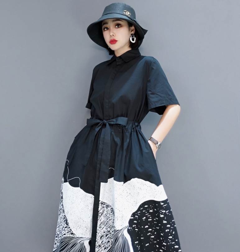 Rakuten - シャツワンピース ロング丈 袖あり 半袖 襟付き フレア Aライン ウエストマーク ウエストリボン ウエストゴム かわいい おしゃれ お洒落 レトロ 大人女子 こなれ感 ラフ キュート ガーリー女の子 学生 通学 デート 個性的 送料無料