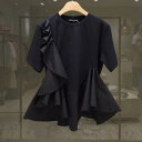 トップス Tシャツ カットソー プルオーバー 白トップス 袖あり 半袖 クルーネック 襟なし ペプラム アシンメトリー フリル 綿 大人可愛い シンプル カジュアル おしゃれ 大人女子 こなれ感 ラフ ガーリー 個性的 主役級 個性的 送料無料