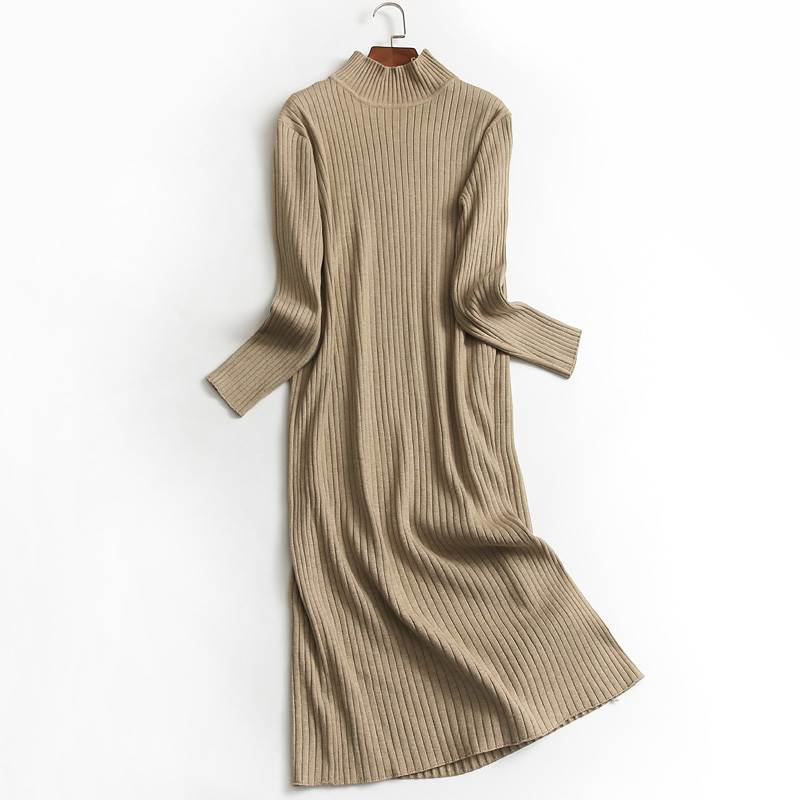 ワンピース フレアワンピース ミモレ丈 ロング丈 袖あり 長袖 ドロップショルダー タートルネック ハイネック ストレート Aライン リブニット 綿 大人可愛い きれいめ シンプル カジュアル 上品 おしゃれ 10代 20代 個性的 送料無料