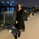 ロングスカートドレス スカート ボトムス ドレス ロングスカート ミディスカート ミモレ ミモレ丈 ロング ロング丈 長袖 ラウンドネック Aライン 切り替えデザイン ハイウエスト メッシュ ニット かわいい 大人可愛い 個性的 送料無料