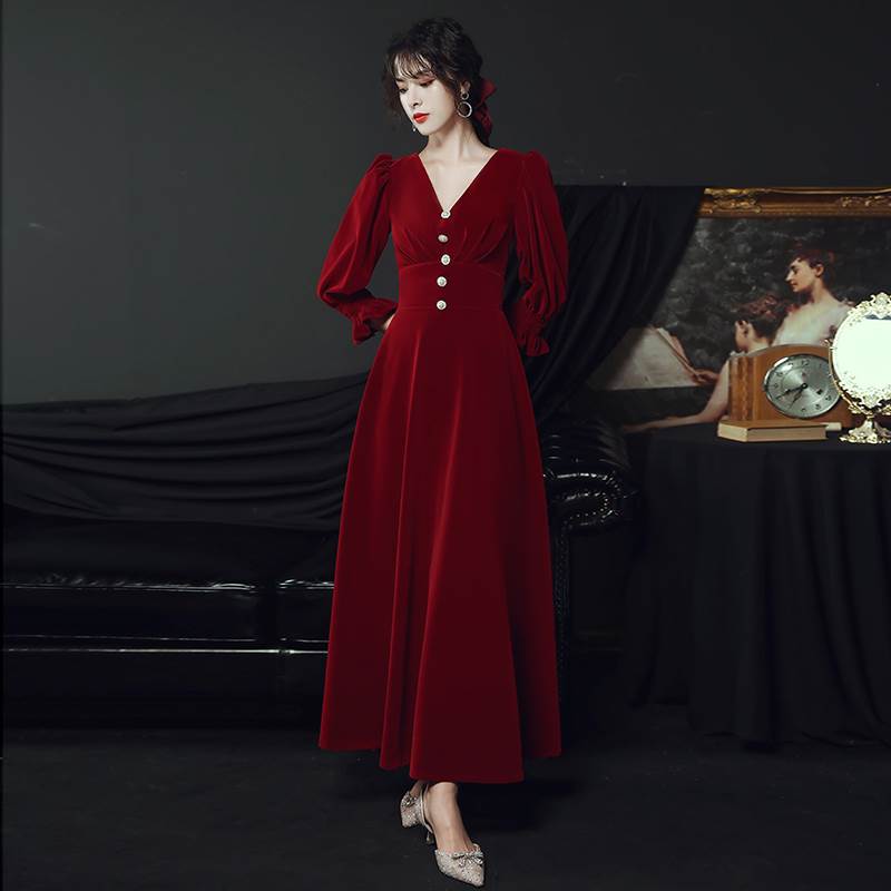 ロングドレス ロング ロング丈 長袖 フレアスリーブ Vネック ハイウエスト 大人可愛い きれいめ シンプル 大人 上品 レトロ 大人女子 主役級 秋 冬 誕生日 お呼ばれ 20代 30代 イベント S M L XL 2XL ワインレッド 個性的 送料無料
