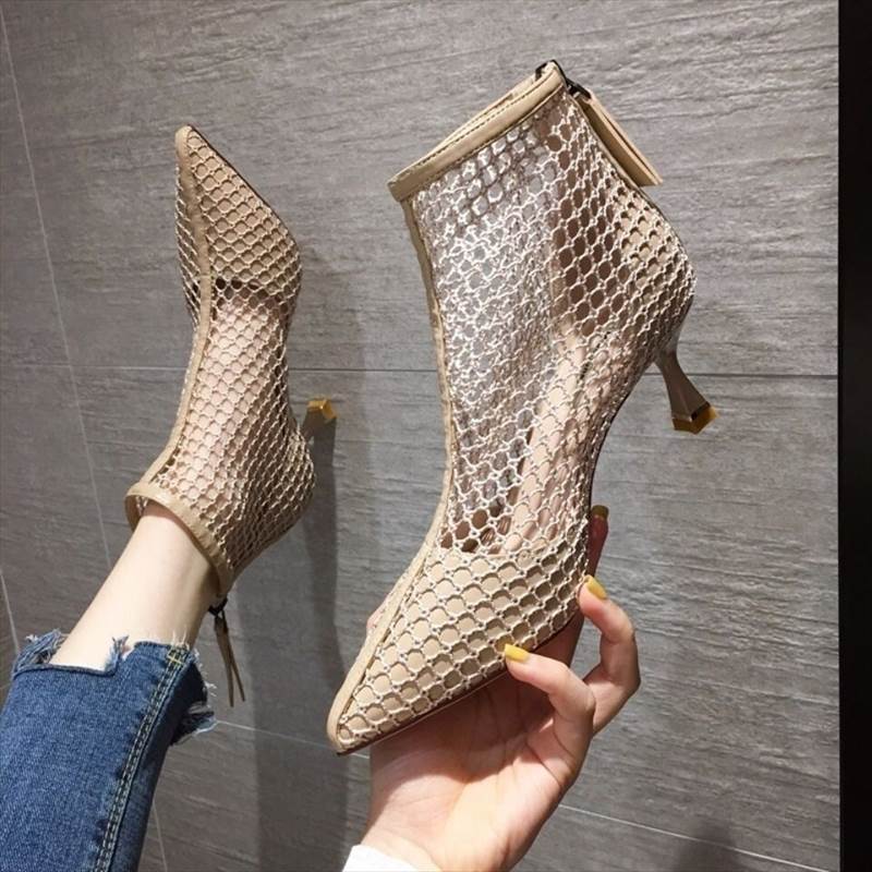 シューズ ブーツ ハイヒール ポインテッド メッシュ バックファスナー黒 アプリコット ブーティ 送料無..