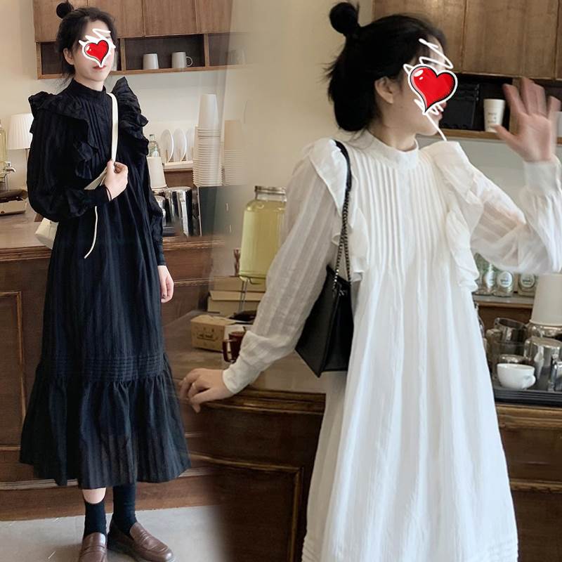 マタニティ ドレス スカート ワンピース レース ロング 長袖 ラウンドネック 襟付き フリル ふわふわ ハイウエスト 送料無料 個性的 レディース かわいい 上品 お洒落 ラブリー キュート 無地 秋 20代 30代 体型カバー 脚長 ゆったり 楽