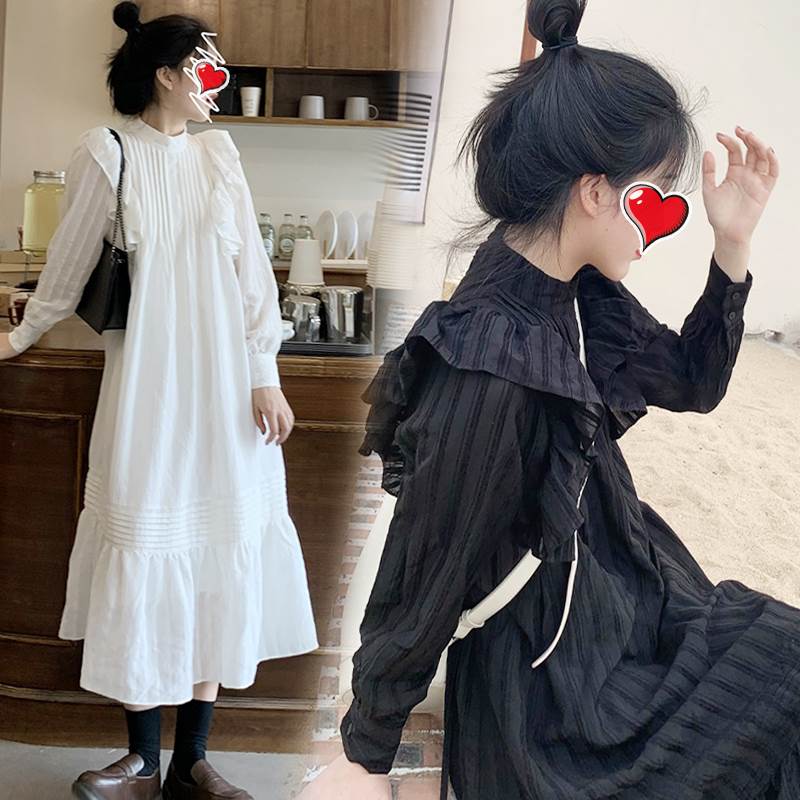 マタニティ ドレス スカート ワンピース レース ロング 長袖 ラウンドネック 襟付き フリル ふわふわ ハイウエスト 送料無料 個性的 レディース かわいい 上品 お洒落 ラブリー キュート 無地 秋 20代 30代 体型カバー 脚長 ゆったり 楽