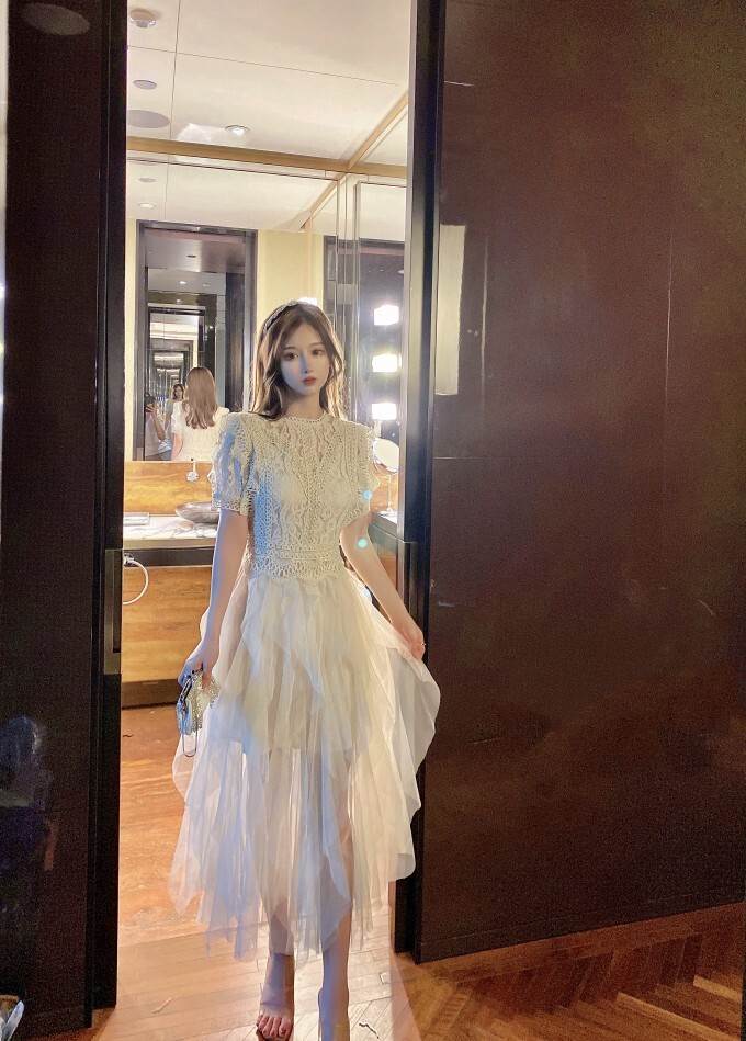 ドレス ワンピース レース ロング ミニ 透け感 半袖 ラウンドネック 襟なし Aライン レース ファスナー..