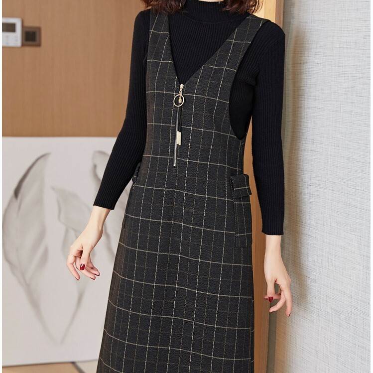 2点セット トップス ワンピース デート カットソー ニットソー オールインワン ツーピーストップス ひざ丈 袖あり 七分袖 Vネック ハイネック スリム 細身 ファスナー ポケット 大人可愛い きれいめ 上品 おしゃれ 個性的 送料無料