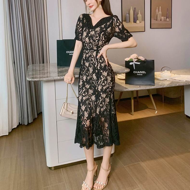 ドレス ワンピース パーティードレス パーティドレス ミモレ丈ドレス キャバ ワンピ マーメイドドレス ミモレ 袖あり 半袖 マーメイド マーメイドライン タイト レース ウエストマーク 切り替えデザイン ファスナー 個性的 送料無料