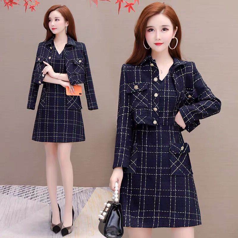 セットアップ ジャケット ワンピース ミニ丈 膝上 長袖 ノースリーブ 襟付き Vネック Aライン ポケット ハイウエスト 前開き ツイード 2点セット ツーピ...