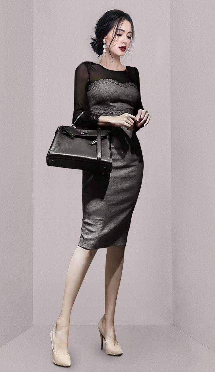 ワンピース ワンピドレス ミモレ丈 7分袖 七分袖 ラウンドネック スリム タイト 切り替えデザイン ドッキング レース 刺繍 透け感 シースルー 大人可愛い きれいめ セクシー エレガント 主役級 フォーマル 無地 春 個性的 送料無料