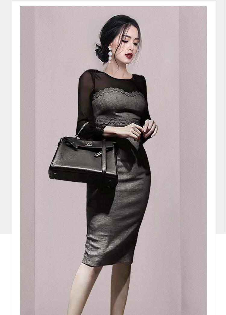 ワンピース ワンピドレス ミモレ丈 7分袖 七分袖 ラウンドネック スリム タイト 切り替えデザイン ドッキング レース 刺繍 透け感 シースルー 大人可愛い きれいめ セクシー エレガント 主役級 フォーマル 無地 春 個性的 送料無料