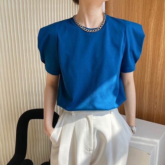 乐天商城 - トップス レディース Tシャツ 半袖カットソー クルーネック ラウンドネック ボリューム袖 パフスリーブ プルオーバー 襟なし 大人可愛い シンプル カジュアル ナチュラル 大人 おしゃれ お洒落 かっこいい こなれ感 存在感 抜け感 上品 M L ホワイト 白 ブラック 黒 ブルー