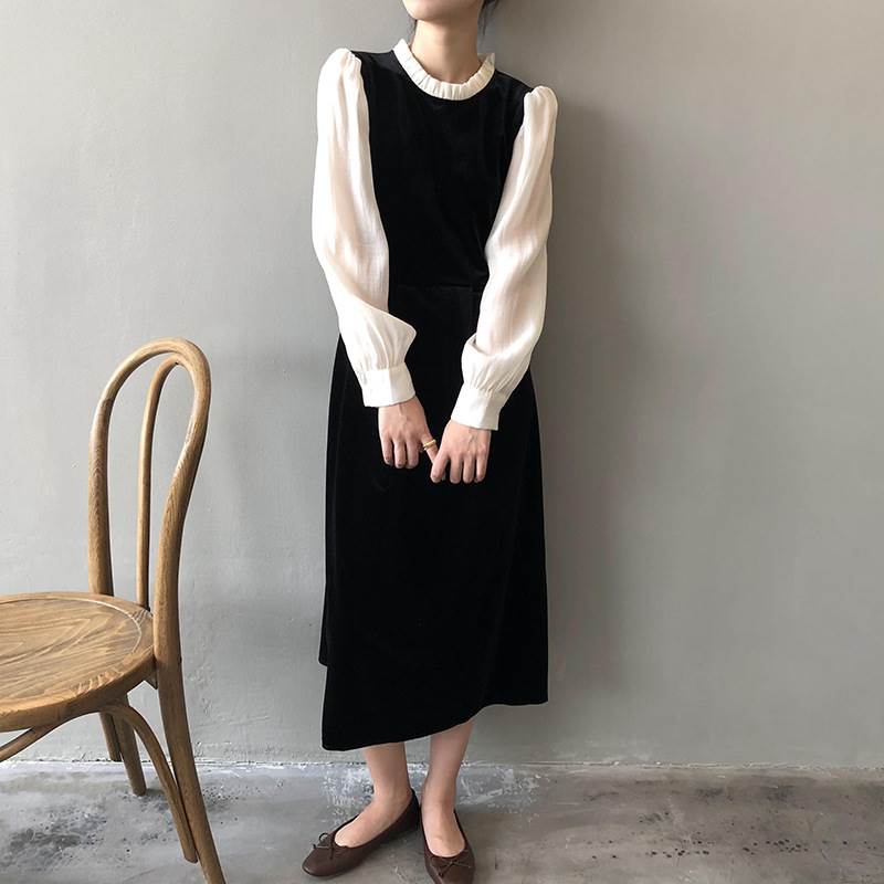 ワンピース レディース ワンピース ミモレ丈 ドッキング 切り替えデザイン 重ね着風 レイヤード風 スタンドカラー 立襟 ジャンパースカート 長袖 パフスリーブ セミフレア シフォン 透け感 ベロア調 別珍 ベルベット調 大人可愛い きれいめ 大人 上品 おしゃれ お洒落