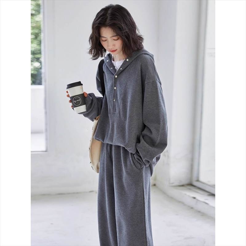 セットアップ レディース スウェット ジャージ ルームウエア スポーツウエア 部屋着 パジャマ パーカー フーディ フード付き 長袖 スナップボタン プルオーバー 長ズボン ロング丈パンツ 2点セット 上下セット 大人可愛い シンプル カジュアル おしゃれ お洒落 かっこいい